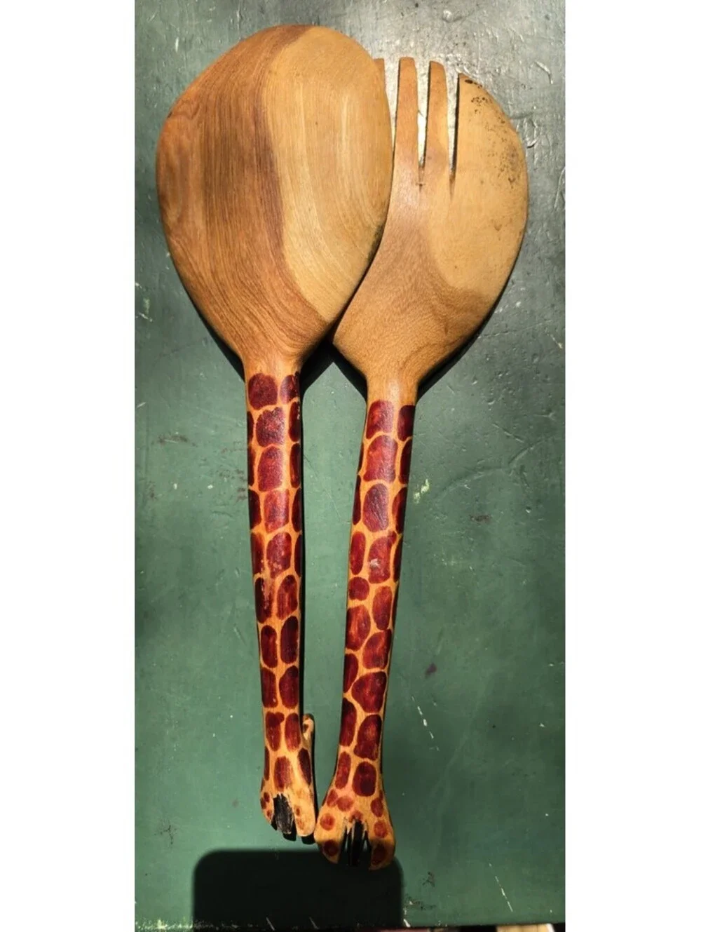 Hand Carved Wood Giraffe Salad Spoon & Fork Utensil Set